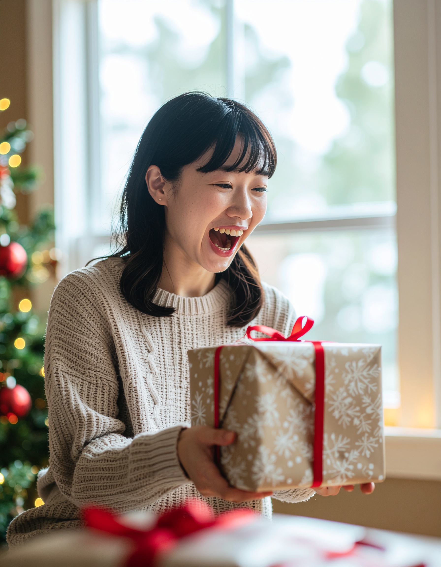 Smiling Woman Holding a Gift Wrapped in Snowflake Paper